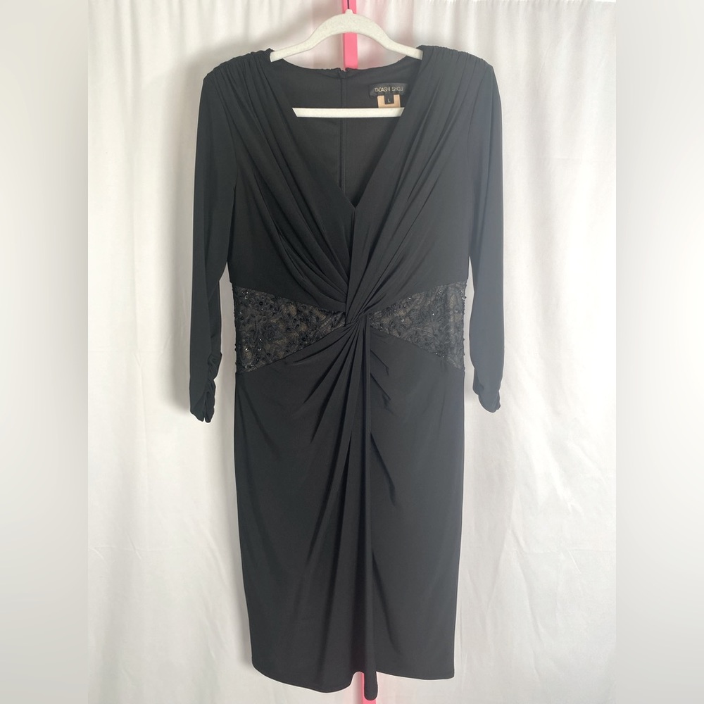 TADASHI SHOJI Black long sleeve midi with lace size L